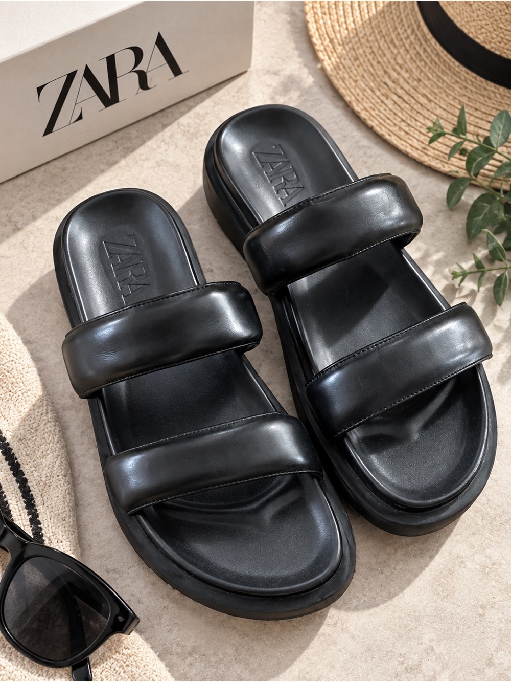 Zara Black Padded Double Strap Platform Slide Sandals Size 39